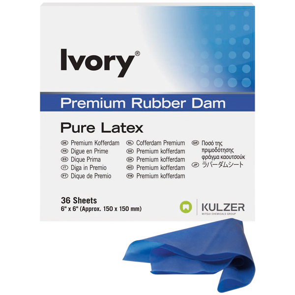 Ivory kofferdam, latex, blå, 150x150mm, 36 stk.