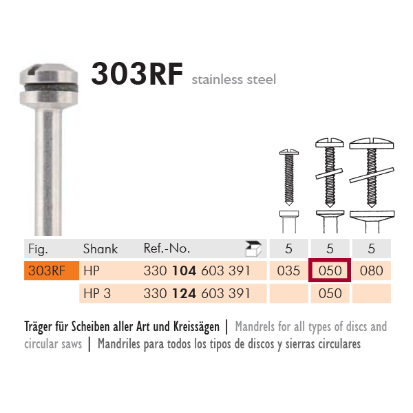 Mandrels, alm. m. skrue, til HP, 303RF/050, 5 stk.