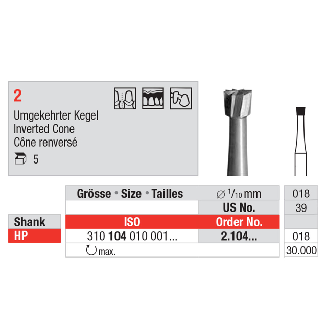 Edenta stålbor omv. kegle 018 HP, 5 stk