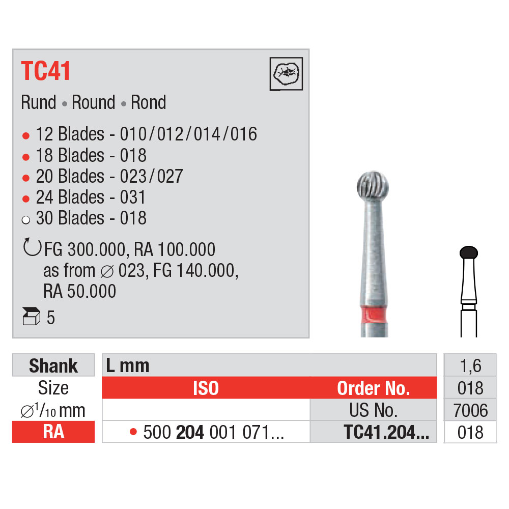 Edenta HM finerbor rund RA TC41/018 rød, 5 stk.