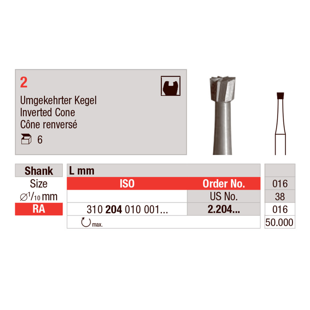 Edenta stålbor omv. kegle 016 RA, 5 stk.